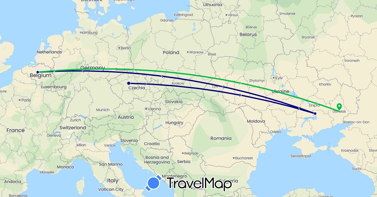 TravelMap itinerary: driving, bus in Belgium, Czech Republic, Ukraine (Europe)